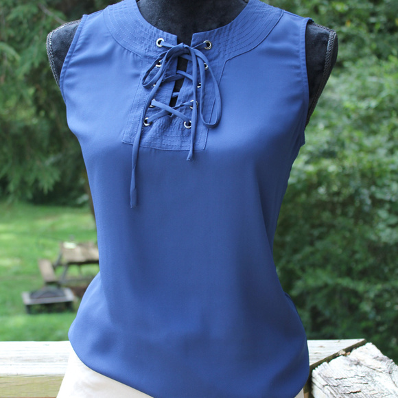 Pleione Lightweight Lace Up Sleeveless Top, Navy S - Picture 1 of 6